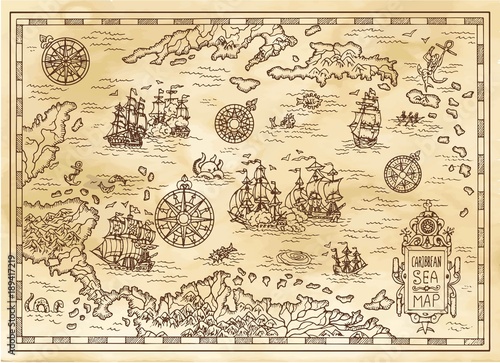Ancient pirate map of the Caribbean Sea with ships, islands and fantasy creatures. Pirate adventures, treasure hunt and old transportation concept. Hand drawn vector illustration, vintage background