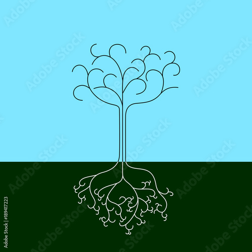 Line drawing of a tree with curvy branches and roots, vector illustration.