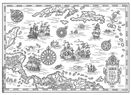 Pirate map of the Caribbean Sea with old ships, islands and fantasy creatures. Pirate adventures, treasure hunt and old transportation concept. Hand drawn illustration, vintage background