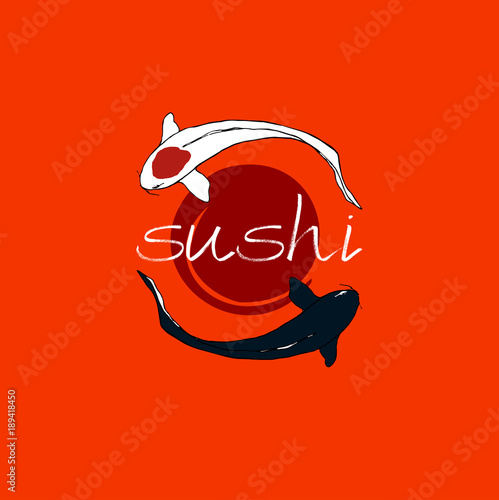 traditional Japanese koi carp and lettering sushi logo on a red background