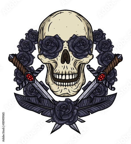 Skull with a daggers and a dark grey roses. Valentine skull.