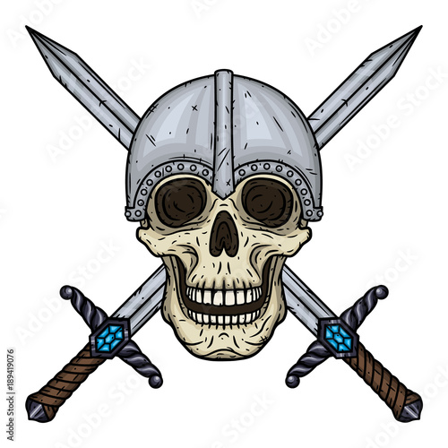 Skull with crossed swords and helmet. Cartoon skull. Vectorhand draw illustration. photo