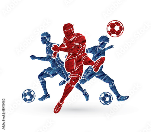 Three Soccer player team composition designed using grunge brush graphic vector.