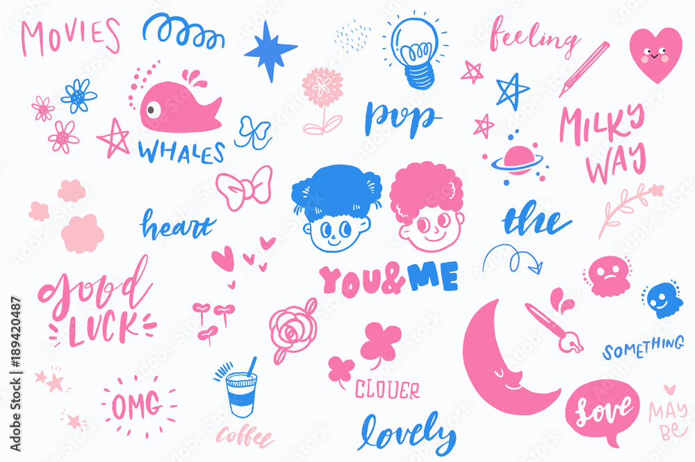 Vector Retro Stickers Graphics Collection, Hand Drawn Doodle Elements Set, Pop Color Backgrounds, Retro Apparel Sticker Illustration, Lovely Characters