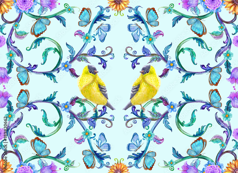 seamless texture with fancy arabesque of swirly ornaments and lovely birds. watercolor painting.