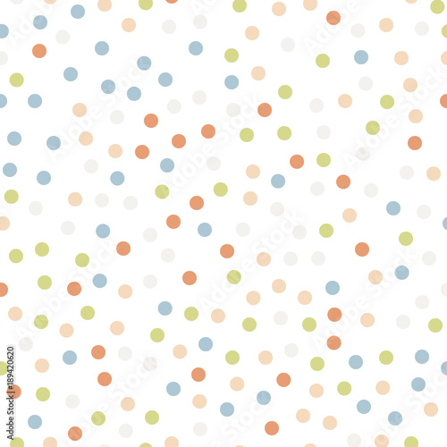 Colorful polka dots seamless pattern on white 11 background. Elegant classic colorful polka dots textile pattern. Seamless scattered confetti fall chaotic decor. Abstract vector illustration.