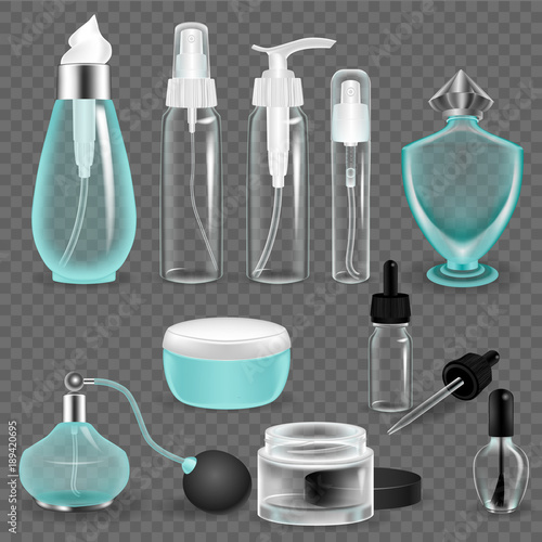 Realistic mock-up, transparent glass jars, bottles, bubbles from women's cosmetics.