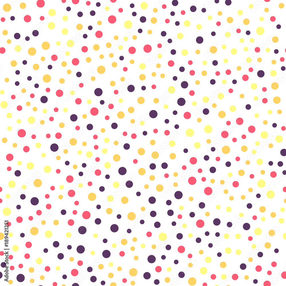 Colorful polka dots seamless pattern on white 25 background. Awesome classic colorful polka dots textile pattern. Seamless scattered confetti fall chaotic decor. Abstract vector illustration.
