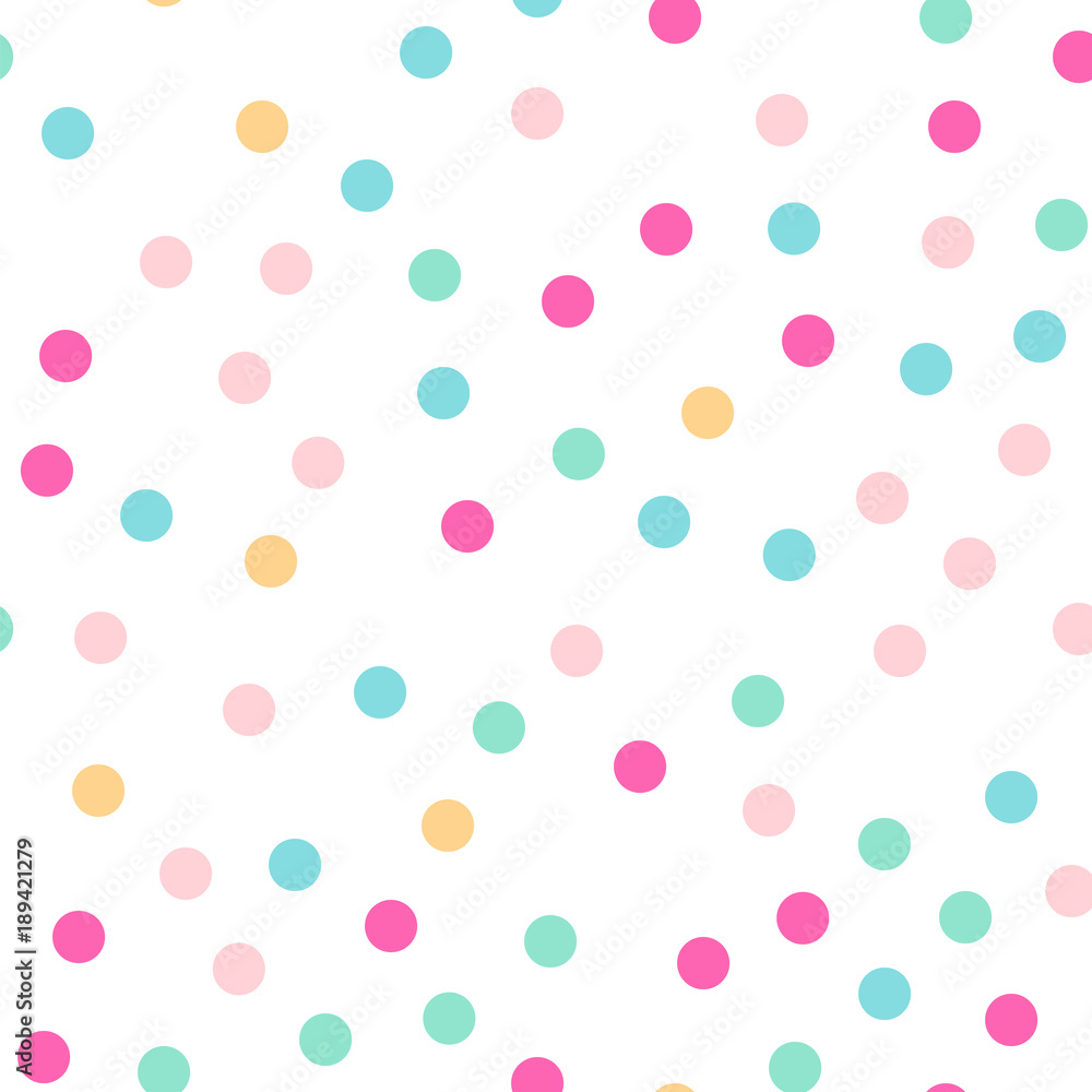 Colorful polka dots seamless pattern on white 3 background. Sightly classic colorful polka dots textile pattern. Seamless scattered confetti fall chaotic decor. Abstract vector illustration.