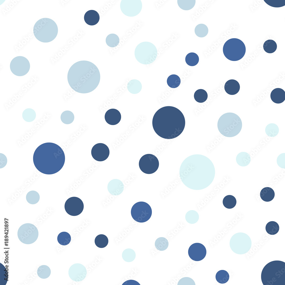 Colorful polka dots seamless pattern on white 23 background. Alluring classic colorful polka dots textile pattern. Seamless scattered confetti fall chaotic decor. Abstract vector illustration.