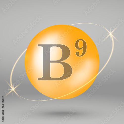 Vitamin B9 gold icon. drop pill capsule. Vitamin complex design
