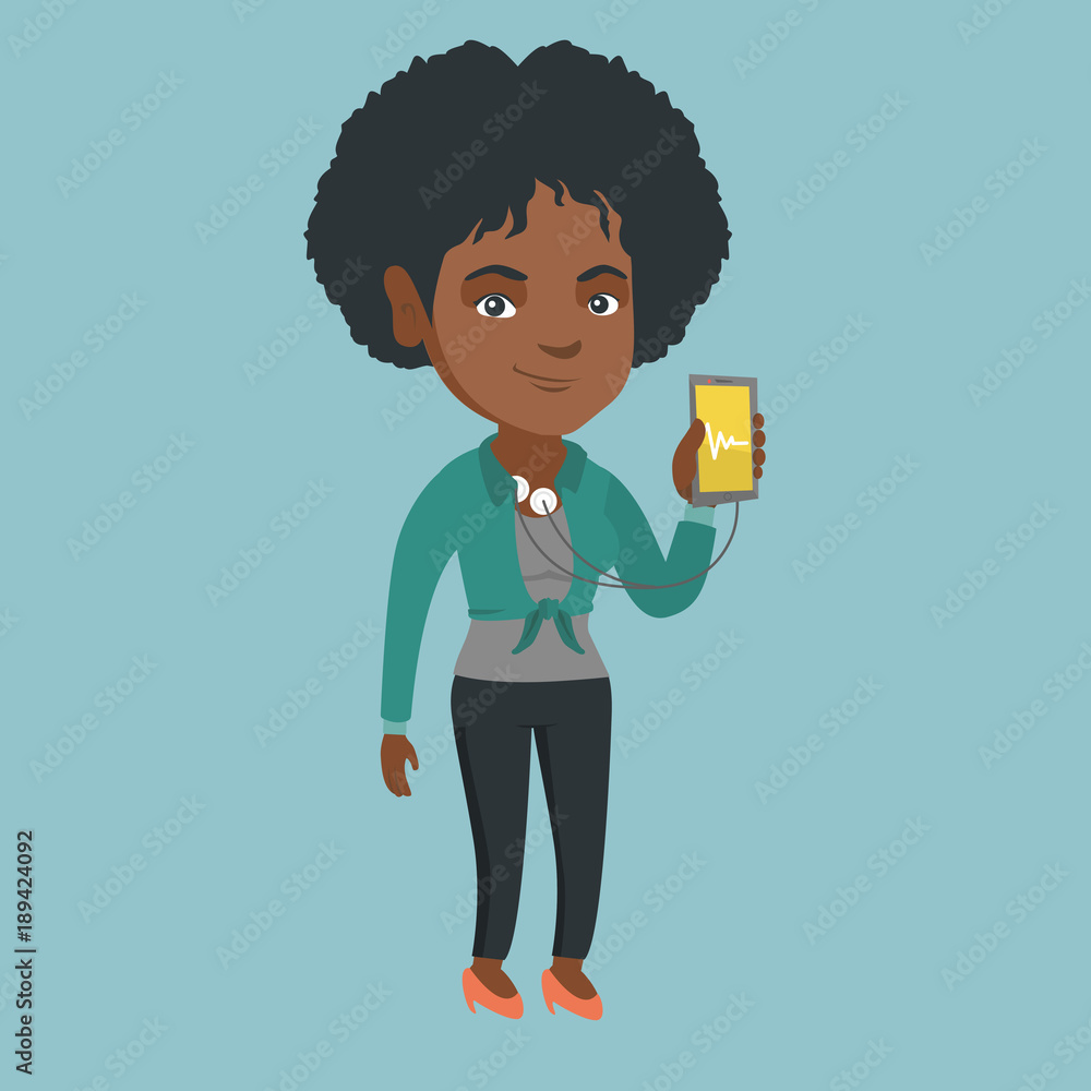 Young african-american woman holding a smartphone with health application for measuring of heart rate. Woman showing health application for heart checking. Vector cartoon illustration. Square layout. Young african-american woman holding a smartphone with health application for measuring of heart rate. Woman showing health application for heart checking. Vector cartoon illustration. Square layout.
