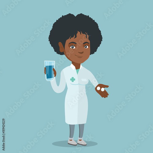 Young african-american pharmacist holding a glass of water and pills in hands. Smiling pharmacist in medical gown giving medication. Doctor offering pills. Vector cartoon illustration. Square layout.
