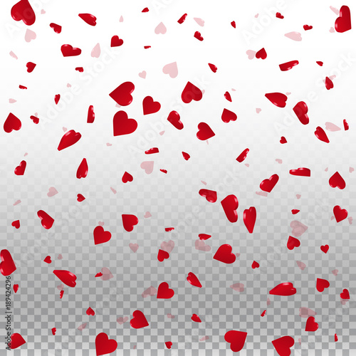 3d hearts valentine background. Scattered pattern on transparent grid light background. 3d hearts valentines day unequaled design. Vector illustration.