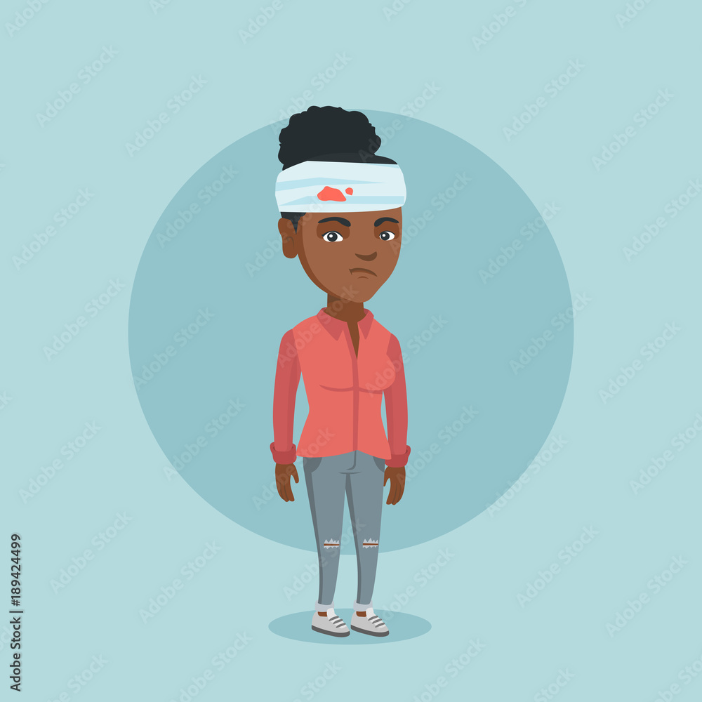 Upset african-american woman with bandages around her head. Sad injured woman with a bandaged head. Full length of a young woman wounded in head. Vector cartoon illustration. Square layout. Upset african-american woman with bandages around her head. Sad injured woman with a bandaged head. Full length of a young woman wounded in head. Vector cartoon illustration. Square layout.