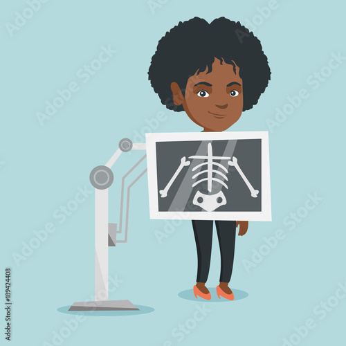 Young african-american woman during chest x ray procedure. Smiling woman with a x ray screen showing her skeleton. Female patient visiting a roentgenologist. Vector cartoon illustration. Square layout