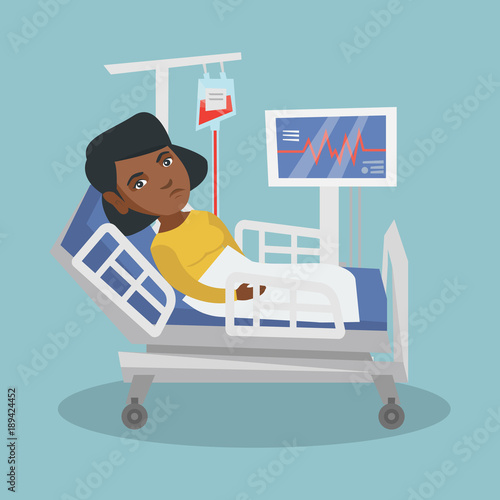 Young african-american woman lying in hospital bed with a heart rate monitor and a drop counter with blood. Patient during blood transfusion procedure. Vector cartoon illustration. Square layout.