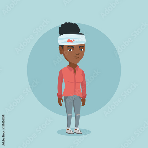Upset african-american woman with bandages around her head. Sad injured woman with a bandaged head. Full length of a young woman wounded in head. Vector cartoon illustration. Square layout.