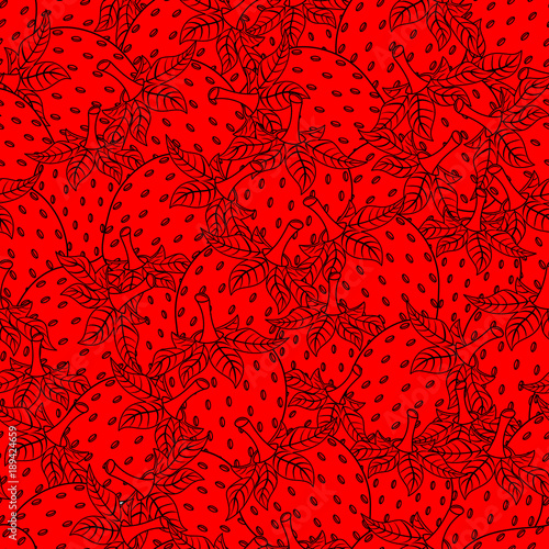 Strawberry black outline seamless pattern. Organic fresh health dessert. Vector illustration isolated on red background.