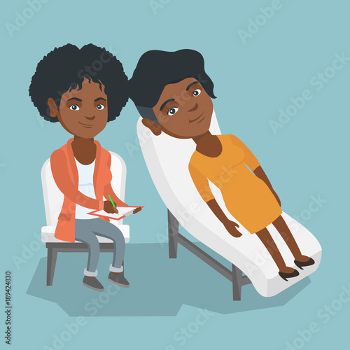 Young african-american patient lying on the sofa and talking about problems with psychotherapist or psychologist. Psychologist having session with a patient. Vector cartoon illustration. Square layout