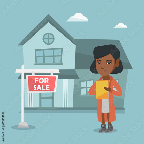Young african real estate agent signing a home purchase contract on the background of house with placard for sale. Realtor standing near the house for sale. Vector cartoon illustration. Square layout.