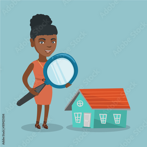 Young african-american business woman using a magnifying glass for looking for a new house. Woman using a magnifying glass to look closer at a house model. Vector cartoon illustration. Square layout