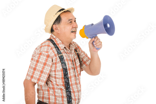 Asian senior man holding with megaphone