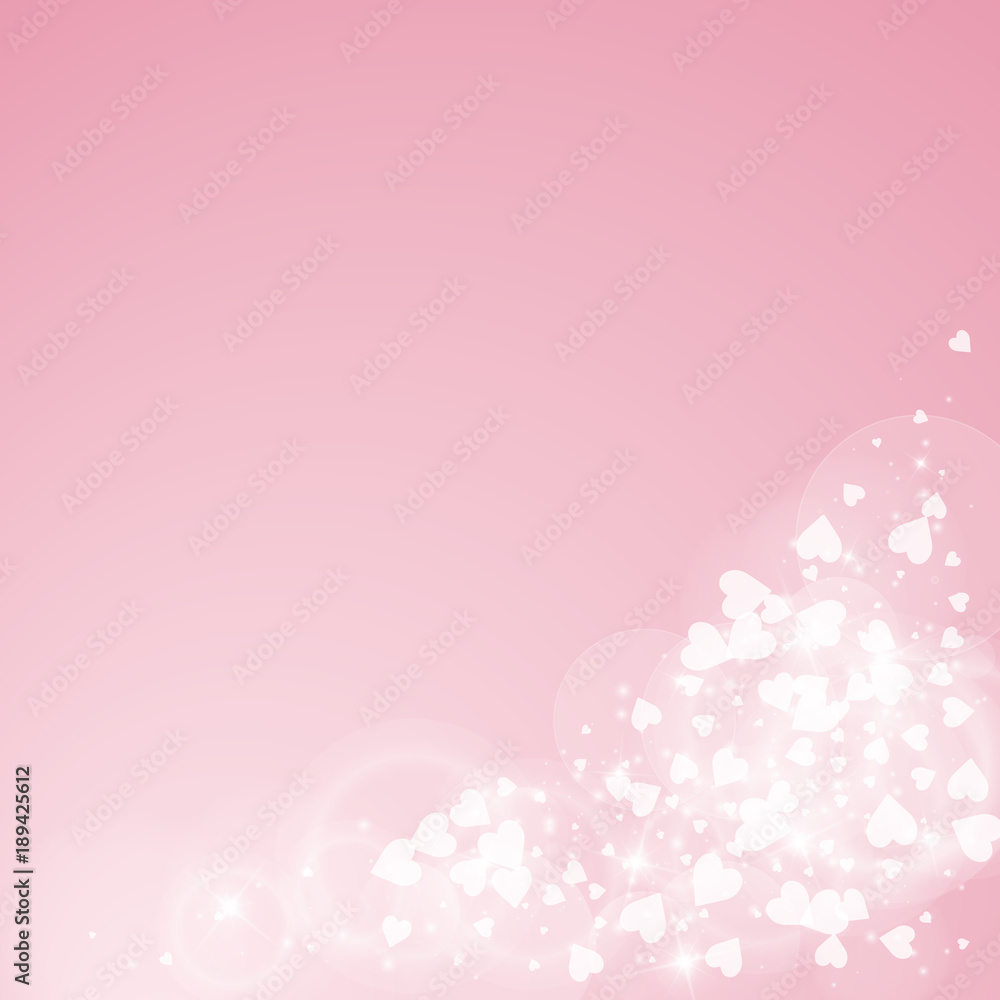 Falling hearts valentine background. Bottom right corner on pink background. Falling hearts valentines day fair design. Vector illustration.