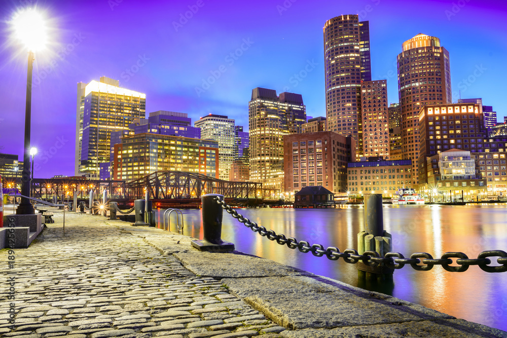 The Boston skyline at night, located in Fan Pier Park, Boston,  Massachusetts, USA. Stock-Foto | Adobe Stock