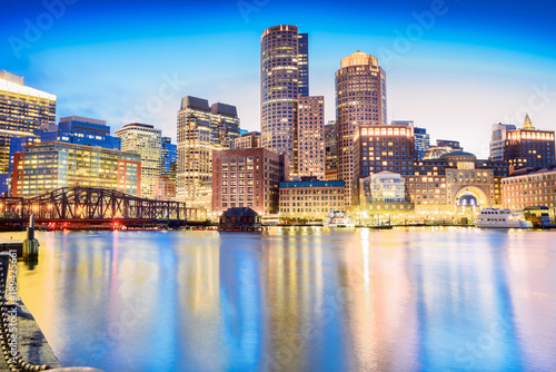The Boston skyline at night  located in Fan Pier Park  Boston  Massachusetts  USA.