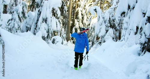 Rear view of person walking with snowboard and ski pole photo