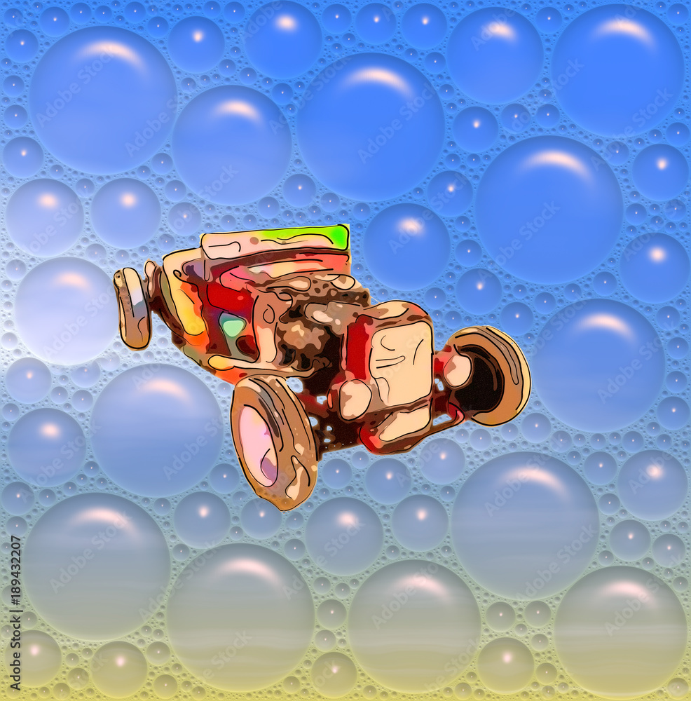Image of funny red antique cabriolet in a blue bubbles