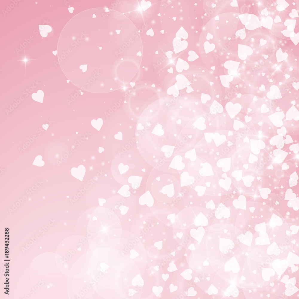 Falling hearts valentine background. Right gradient on pink background. Falling hearts valentines day fascinating design. Vector illustration.