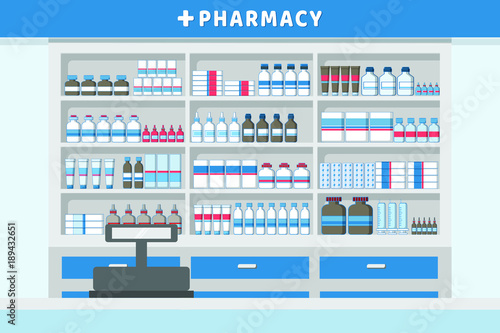 Pharmacy interior with drug shelves and cashier counter flat design illustration vector.