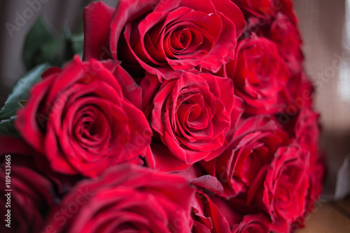 bouquet of red roses on the windowsill