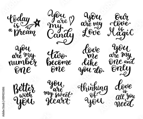 big set of black and white hand written lettering phrase about love to valentines day design