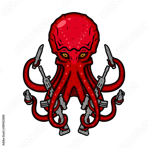Octopus with guns. Devilfish with weapons. Vector illustration.