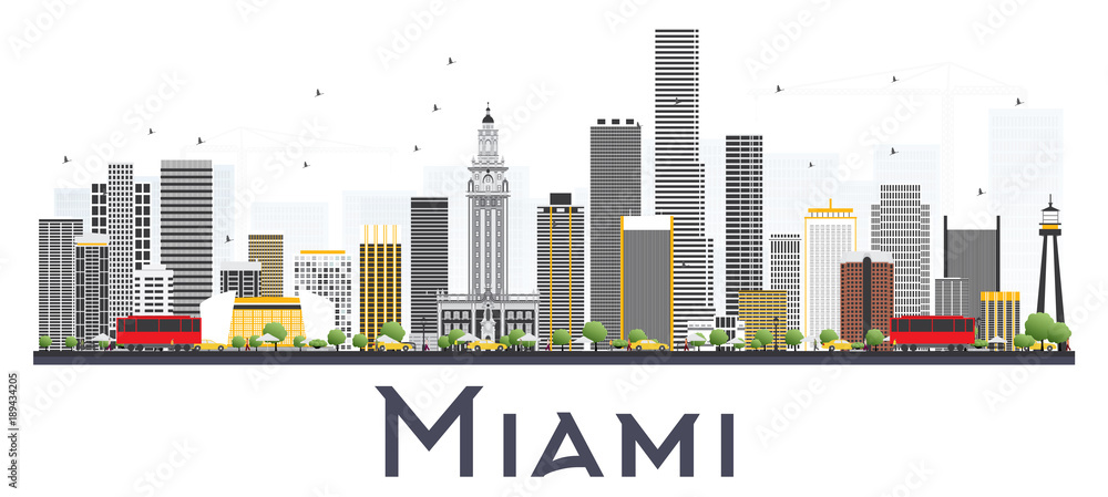 Miami USA City Skyline with Gray Buildings Isolated on White Background.