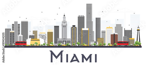 Miami USA City Skyline with Gray Buildings Isolated on White Background.