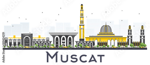 Muscat Oman City Skyline with Gray Buildings Isolated on White Background.