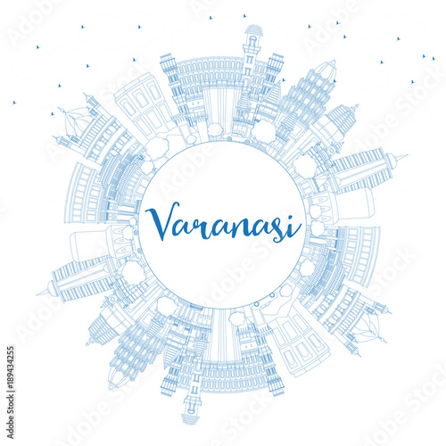 Outline Varanasi India City Skyline with Blue Buildings and Copy Space.