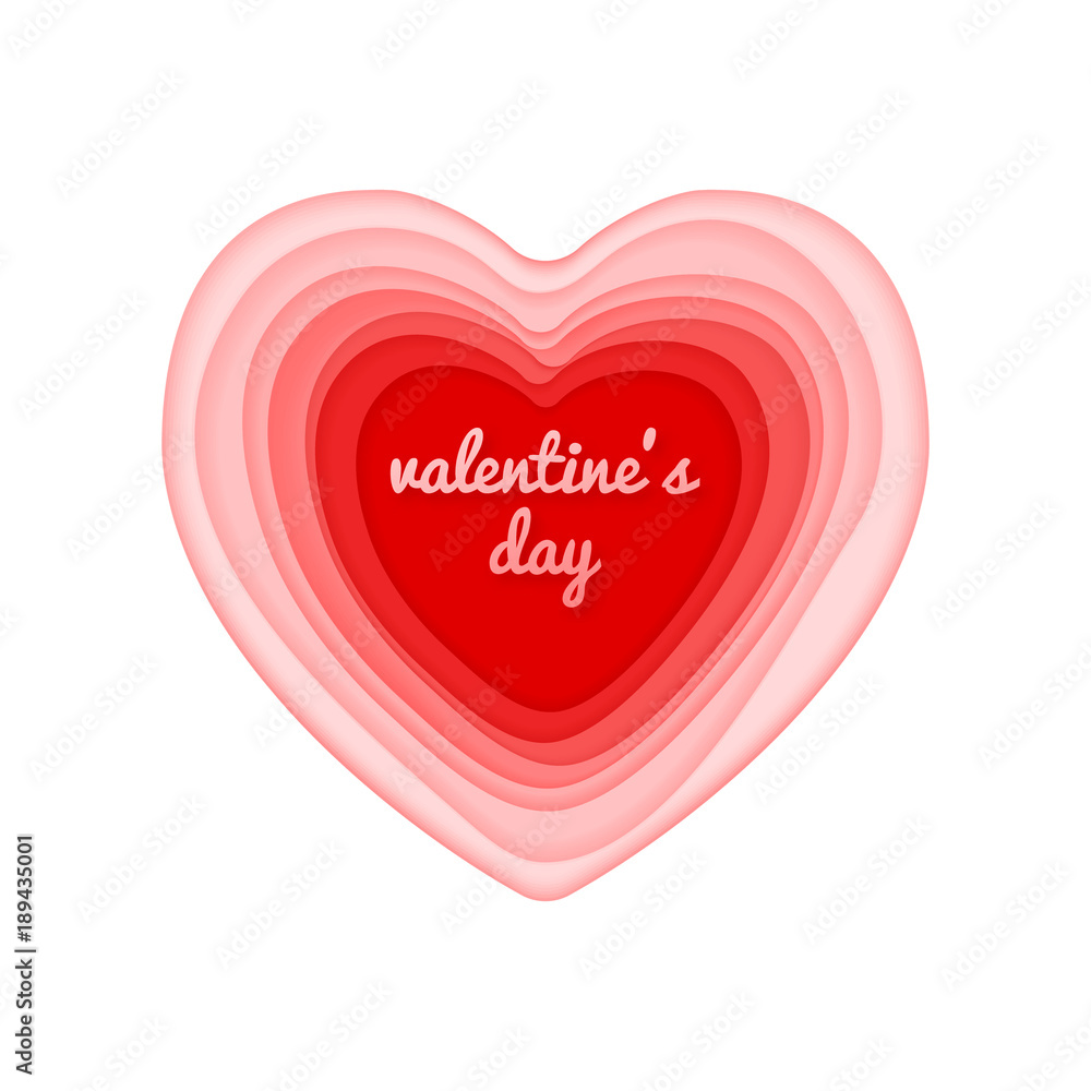 Valentine's day vector card with cut paper design heart. isolated on white.