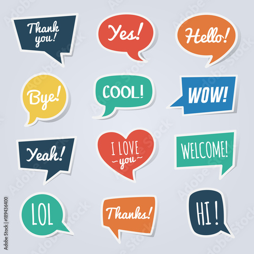 Paper speech bubble with short messages. Thank you, yes, hello, bye, cool, wow, yeah, lol, welcome, etc.