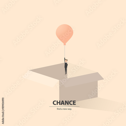 Businessman having unique creative idea for solution. Think outside the box by flying with balloon . Vector illustration.
