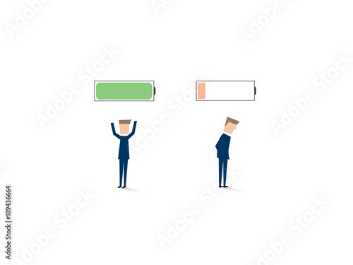 Two businessmen with fully charged and low battery. Business concept of power, success and inspiration. Vector illustration.