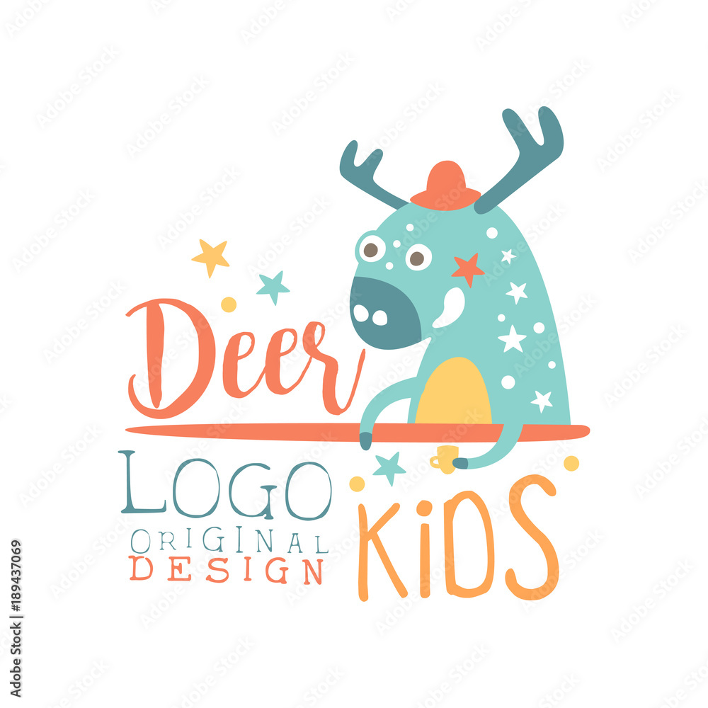Deer kids logo original design, baby shop label, fashion print for kids wear, baby shower celebration, greeting, invitation card colorful hand drawn vector Illustration Deer kids logo original design, baby shop label, fashion print for kids wear, baby shower celebration, greeting, invitation card colorful hand drawn vector Illustration