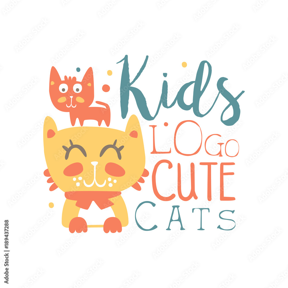 Kids logo, cute cats, baby shop label, fashion print for kids wear, baby shower celebration, greeting, invitation card colorful hand drawn vector Illustration Kids logo, cute cats, baby shop label, fashion print for kids wear, baby shower celebration, greeting, invitation card colorful hand drawn vector Illustration