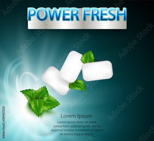 mint flavor gum ad with leaf mint on light blue background, 3d illustration