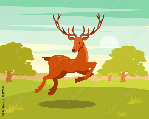 Brown spotted deer with antlers running, wild animal amongst a backdrop of green meadow and forest vector Illustration