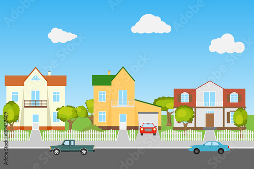 Street with houses and cars on a blue background. The modern street.